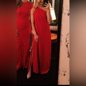 Red one shoulder black tie dress long
